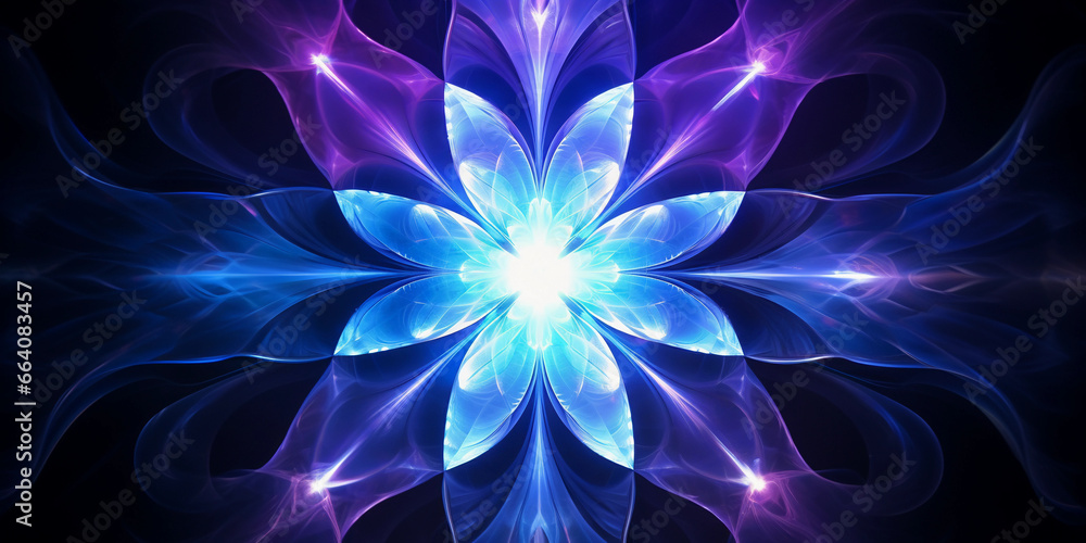 Poster crystal - like fractal patterns in a kaleidoscope, cool color palette of blues and purples