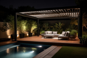 Fototapeta premium luxury swimming pool in modern garden with clean lights and green plants in the background created with Generative AI