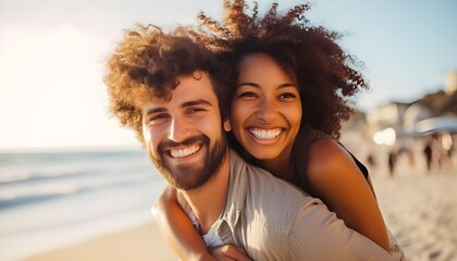 Interracial couple enjoying beach sunset bliss
