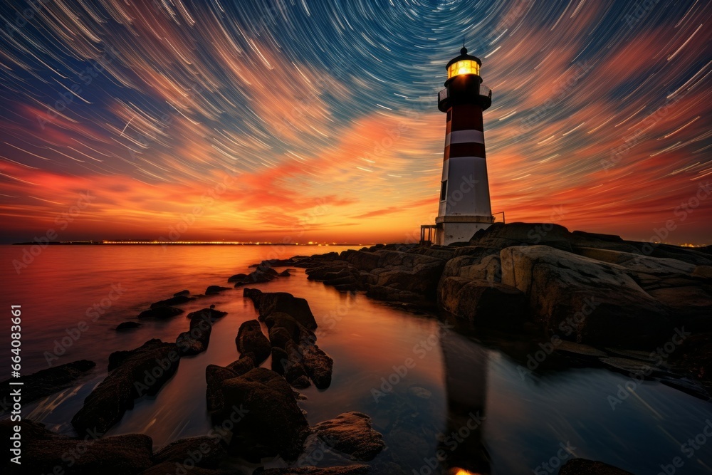 Poster lighthouse on the seashore. background with selective focus and copy space