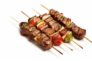 Appetizing shish kebab on skewers. Traditional American cuisine. Popular authentic dishes....