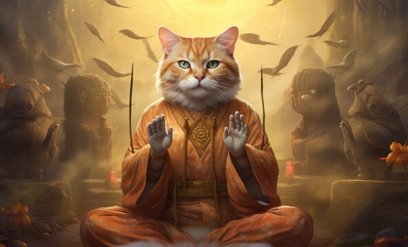 Buddhist cat meditates in cozy fantastic quiet place. Zen master cat sits in lotus position with arms raised. Achieving nirvana. A call for harmony and balance, for spirituality and self-development