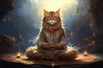 Buddhist cat meditates in cozy quiet place. Zen master kitty sits in lotus position meditates. Achieving nirvana. Harmony and balance. Contemplation and spirituality. Peace and tranquility concept - obrazy, fototapety, plakaty