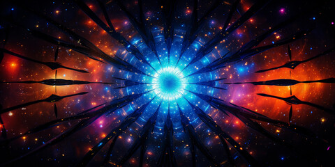 Kaleidoscope in a celestial theme, star - like patterns, glowing neon colors