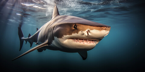 Fototapeta premium Bull Shark, in murky river water, ominous and menacing, close - up of face and gills
