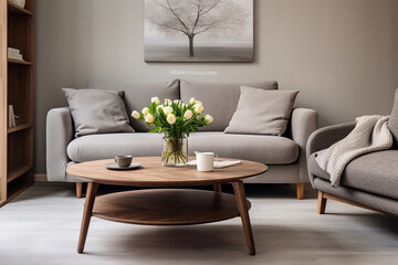 Scandinavian Living Room: Rustic Round Coffee Table Near White Sofa