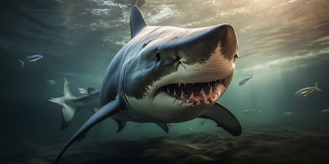 Bull Shark, in murky river water, ominous and menacing, close - up of face and gills