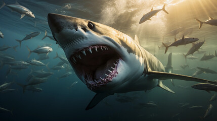 Great White Shark, mid - attack, mouth wide open, teeth in focus, ocean background, school of fish...