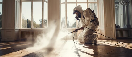 A man in a white disinfection suit sprays steam on a wooden floor in a bright room to kill bedbugs