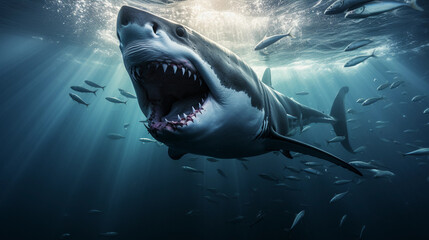 Great White Shark, mid - attack, mouth wide open, teeth in focus, ocean background, school of fish scattering, dramatic lighting, deep - sea ambiance + sunbeams