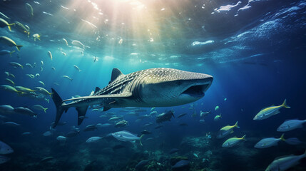 Whale Shark, gently gliding, surrounded by a school of smaller fish, vibrant underwater colors, natural light rays filtering