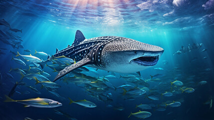 Fototapeta premium Whale Shark, gently gliding, surrounded by a school of smaller fish, vibrant underwater colors, natural light rays filtering