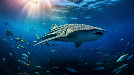 Fototapeta premium Whale Shark, gently gliding, surrounded by a school of smaller fish, vibrant underwater colors, natural light rays filtering