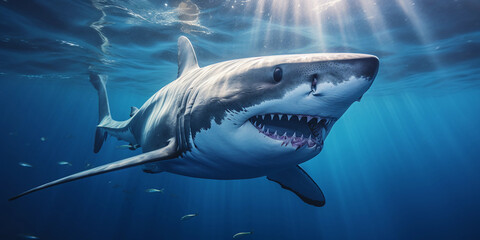 Naklejka premium Mako Shark, swimming at high speed, motion blur to emphasize speed, deep blue ocean, dynamic composition, sunlight from above