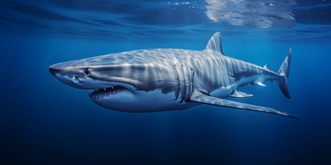Mako Shark, swimming at high speed, motion blur to emphasize speed, deep blue ocean, dynamic...