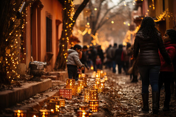 A Las Posadas lantern procession winding through a historical Mexican neighborhood, preserving...