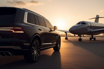 An upscale SUV resembles a private jet with a red carpet beside it. Generative AI - obrazy, fototapety, plakaty