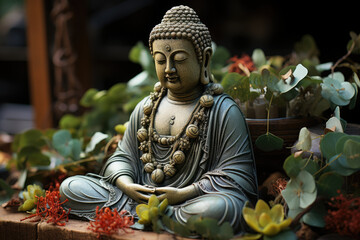 A close-up of a Buddha statue adorned with a garland of Bodhi leaves, representing the moment of enlightenment. Generative Ai.