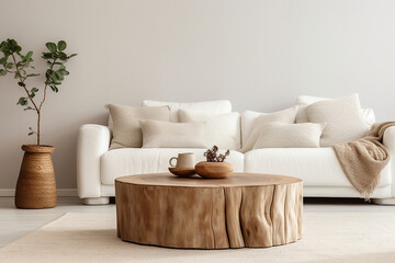 Obraz premium Scandinavian Living Room: Rustic Round Coffee Table Near White Sofa