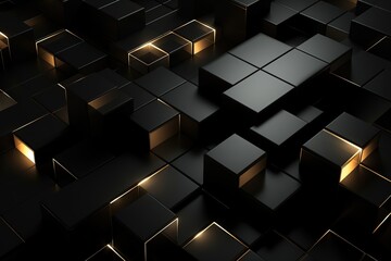 Abstract 3d rendering of chaotic black and golden cubes, AI Generated