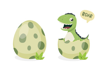 Little Dino. Hatched Little Dinosaur Baby, Child, Kid. Tirannosaur Tirex, Dinosaur Egg. Cartoon T-Rex. Vector Cute and Funny Cartoon Hand Drawn Dinosaur, Children s Illustration, Print for Kids, Card