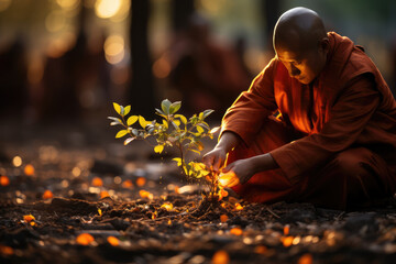A Bodhi tree sapling being planted as a symbol of spiritual growth and the continuation of Buddhist teachings. Generative Ai.