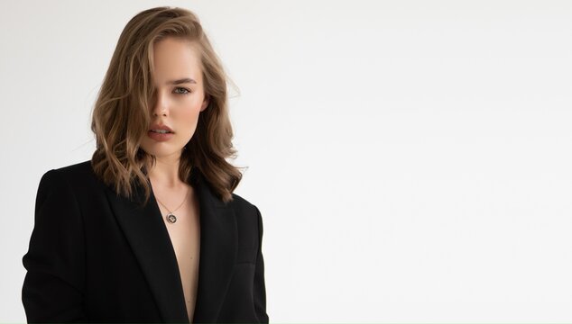 High fashion portrait of young elegant woman in black suit. Studio shot.