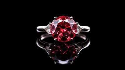 Exquisite engagement ring with a large red cushion-cut diamond or ruby. White gold or platinum. On black background with reflection. Luxurious brilliant diamond jewelry. Brochure for a jewelry store