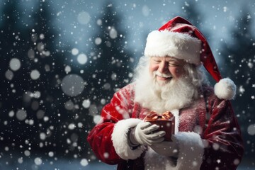 Santa Claus in a Christmas hat holds a gift in his hands, smiling happily. Snow falling blurry background. With copy space. Christmas mood. Happy New Year. Postcard, banner poster, advertising. Merry