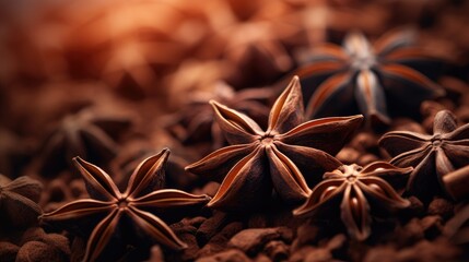 Brown spice star anise Close up. Copy Space. Aromatic seasonings for tea, coffee, hot chocolate, cocoa, mulled wine. Dark background. Organic spices. Tea house, cafe restaurant spice shop. Food blog