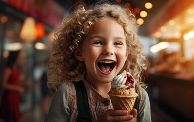 Kid girl happily eating a cone ice cream
