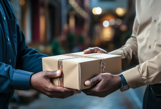 a person hands a package to another person, close-up of the package and hands