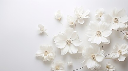  a bunch of white flowers on a white background with space for text.  generative ai