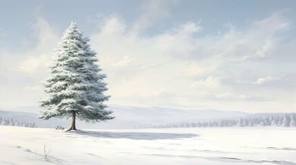 Fototapeta premium a painting of a snowy landscape with a lone pine tree. generative ai
