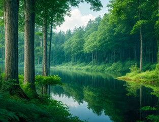 Fototapeta na wymiar Serene green forest and lake landscape. wallpaper Generative ai