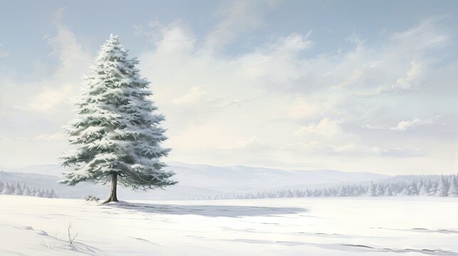  a painting of a snowy landscape with a lone pine tree.  generative ai