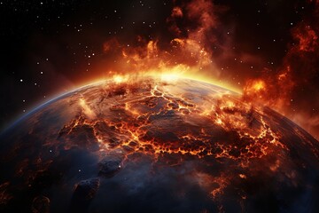 Earth in fire, Space view, Earth Expulsion, AI Generated - obrazy, fototapety, plakaty