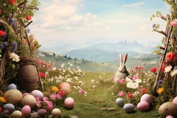 Rustic Easter banner amidst nature with ample room for text. Generative AI
