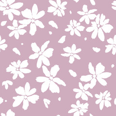 Seamless pattern of white flowers on pink background. Abstract botanical floral shapes brush strokes. Plants, flowers, collage. Vector monochrome modern design, banner, cover, wallpaper