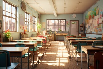 Fototapeta na wymiar Interior of a school classroom. 3D render, Vintage style, Ai Generated