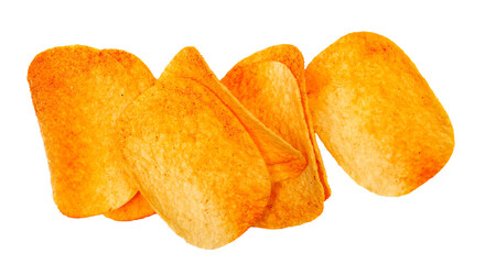 Potato chips group with flavored hot and spicy isolated on white, top view