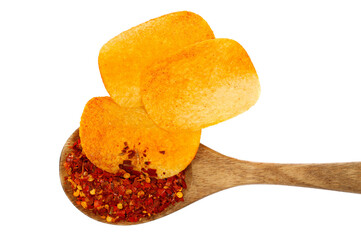 Potato chips group with flavored hot and spicy in wooden spoon isolated on white, top view 