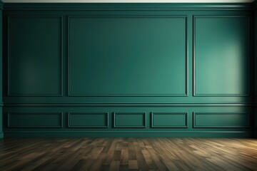Interior of empty room with green wall and wooden floor. 3d rendering, AI Generated