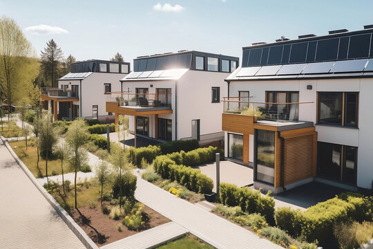 modern houses with solar panels on their roofs created with Generative AI