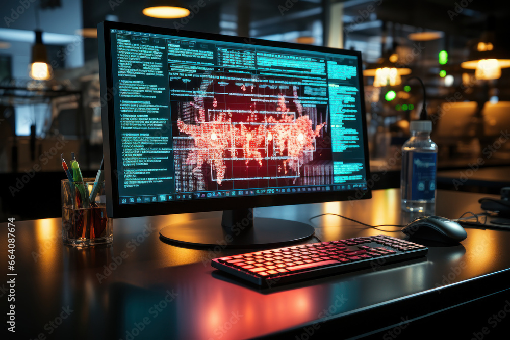 Poster a computer screen displaying a ransomware message, indicating the danger of cyberattacks. concept of