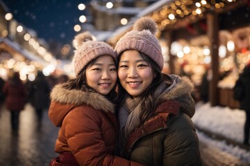 Happy Asian family, mother and daughter at Christmas market, bokeh lights in the background