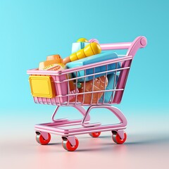 Shopping cart with food and drinks. 3d render illustration, AI Generated
