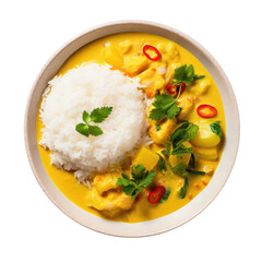 Bowl of Thai Yellow Curry and White Rice Isolated on a Transparent Background