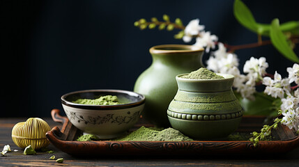 green tea with jasmine flowers and cup