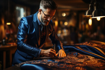 A tailor skillfully sewing a custom-made suit, creating sartorial elegance. Concept of bespoke tailoring. Generative Ai. - obrazy, fototapety, plakaty